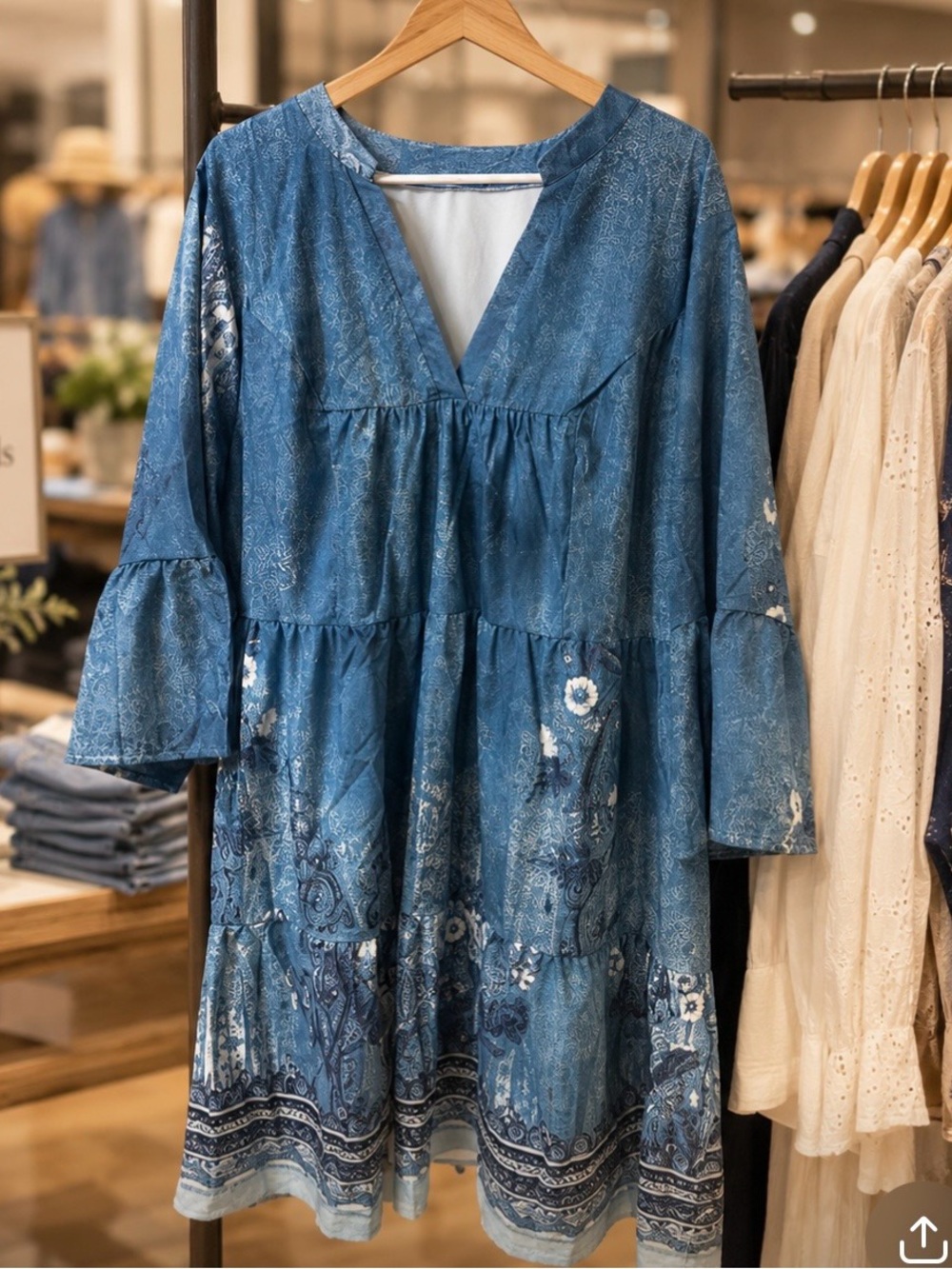 Blue Floral Tiered V-Neck Women's Dress